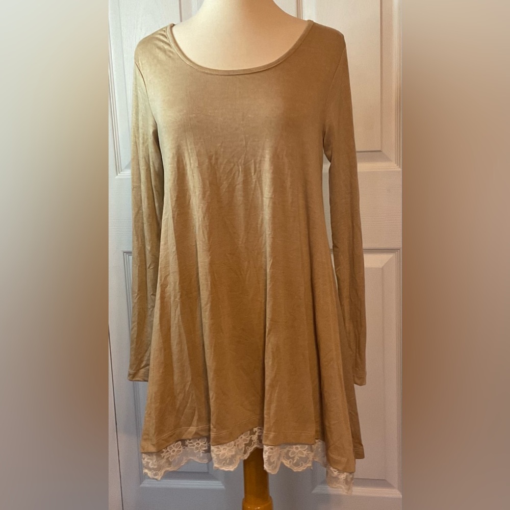Tan Cream Tunic Top Dress Lace‎ Trim Medium New